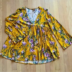 Free People - Yellow Floral Bell Sleeve V-neck Tunic